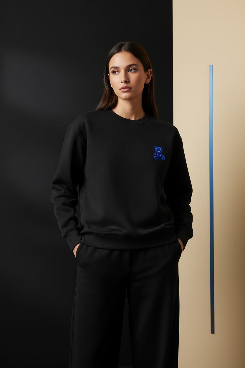 Female model wearing the Teady DJB heavyweight crewneck sweatshirt