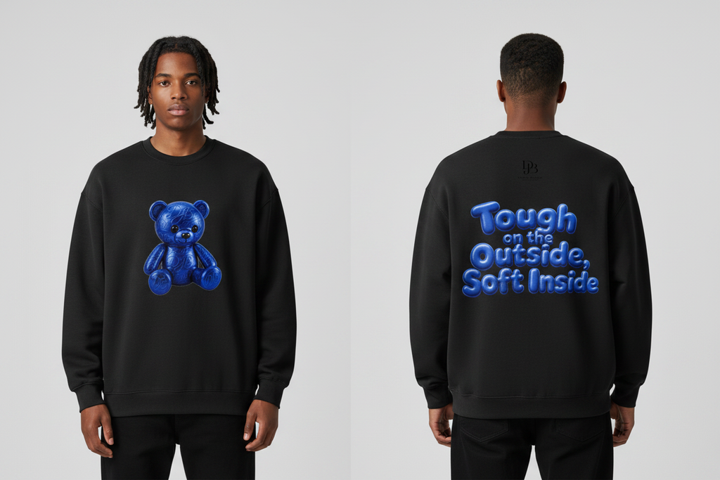 Male model wearing the DJB TEDDY Heavyweight Crewneck Sweatshirt, showing the front and back print