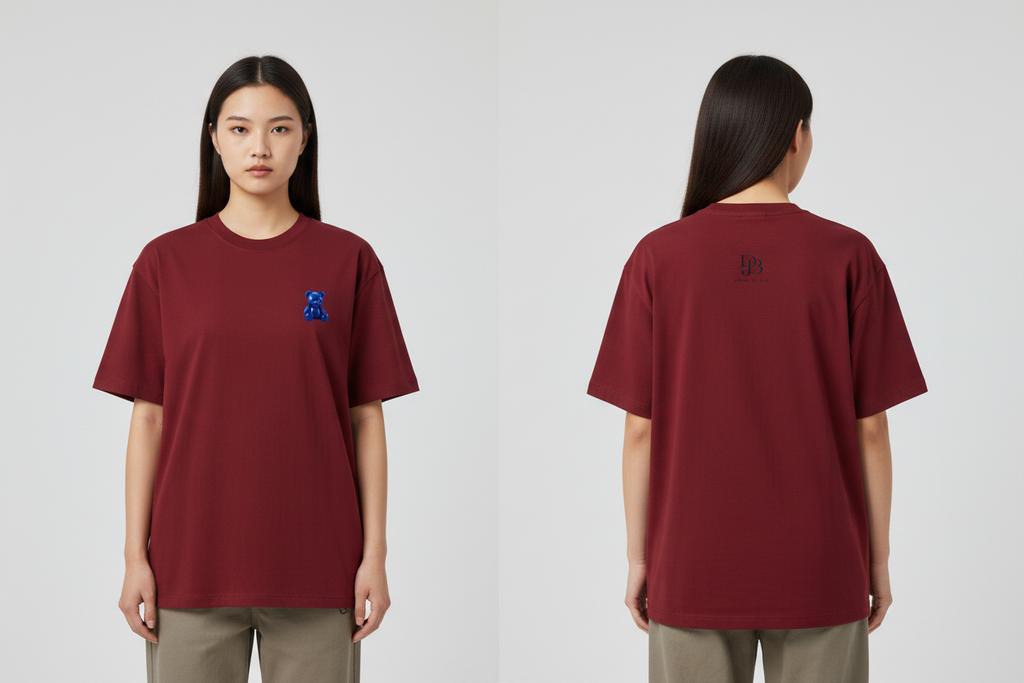 Female model wearing the DJB TEADY Cotton T-Shirt, showing the front and back print