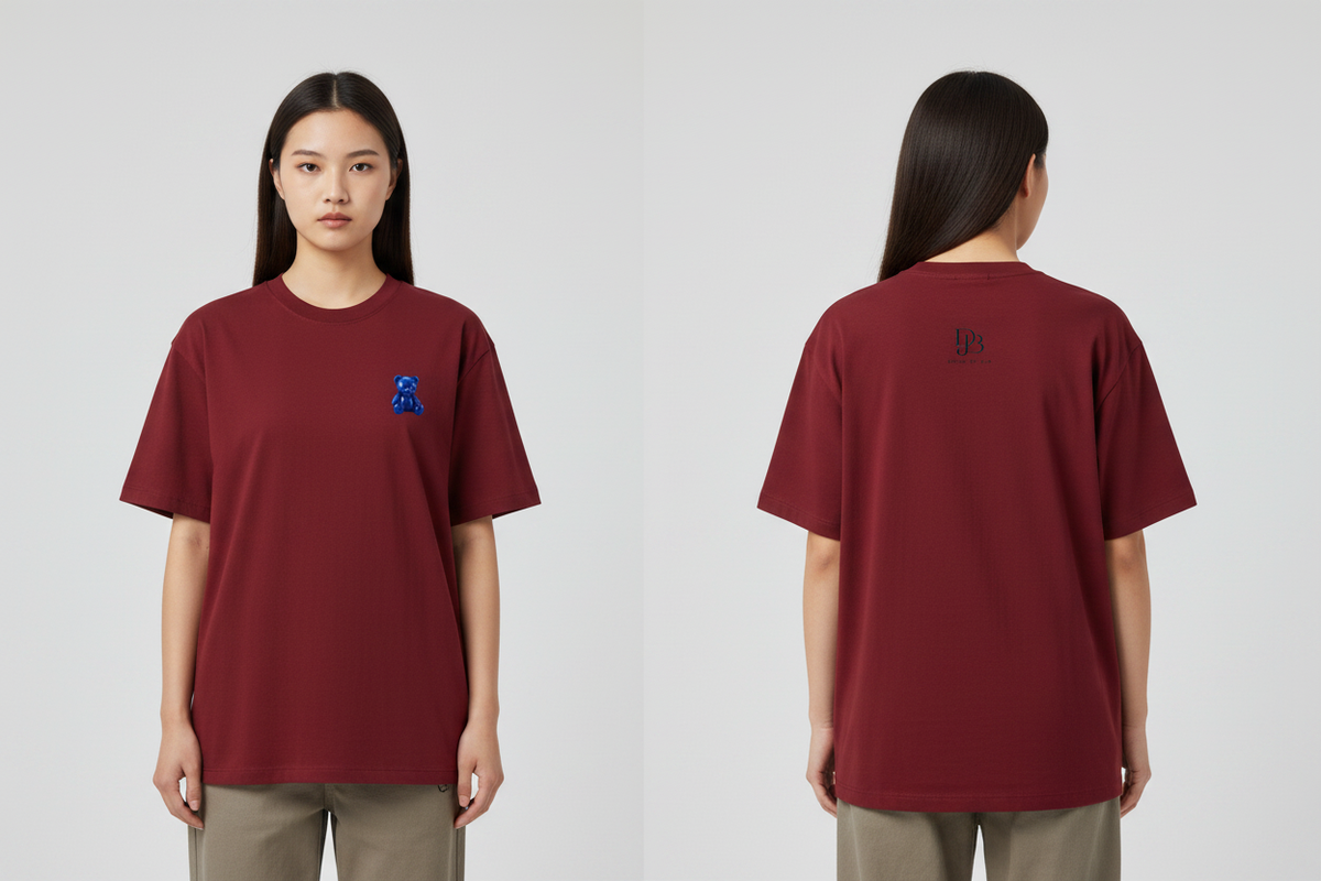 Female model wearing the DJB TEADY Cotton T-Shirt, showing the front and back print