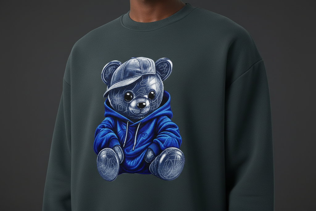 Close-up of the WIP Boxy Crewneck showing the blue and silver teddy print, fleece texture, stitching, and ribbed cuff