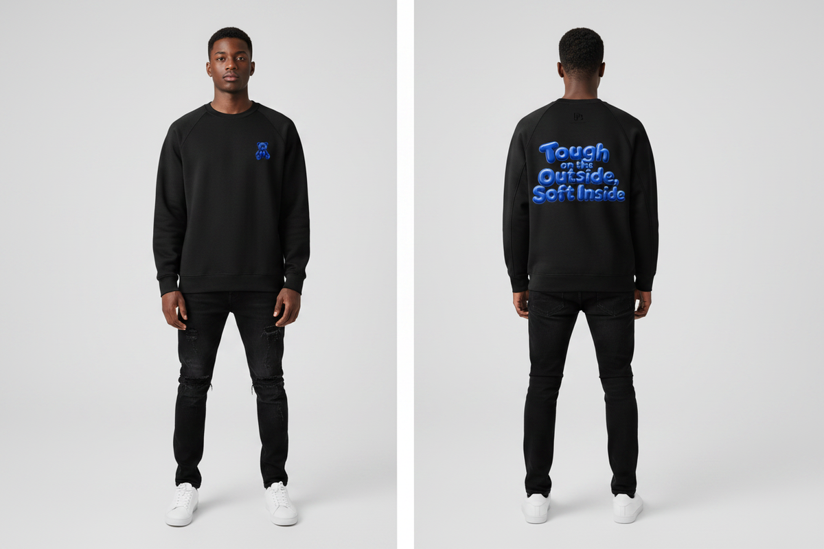 Male model wearing the Teady DJB Heavyweight Crewneck Sweatshirt, showing the front and back print