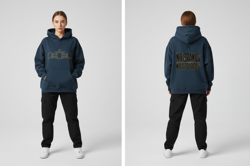 Woman wearing the RACECAR Oversize Fleeced Hoodie, showing the front and back artwork.