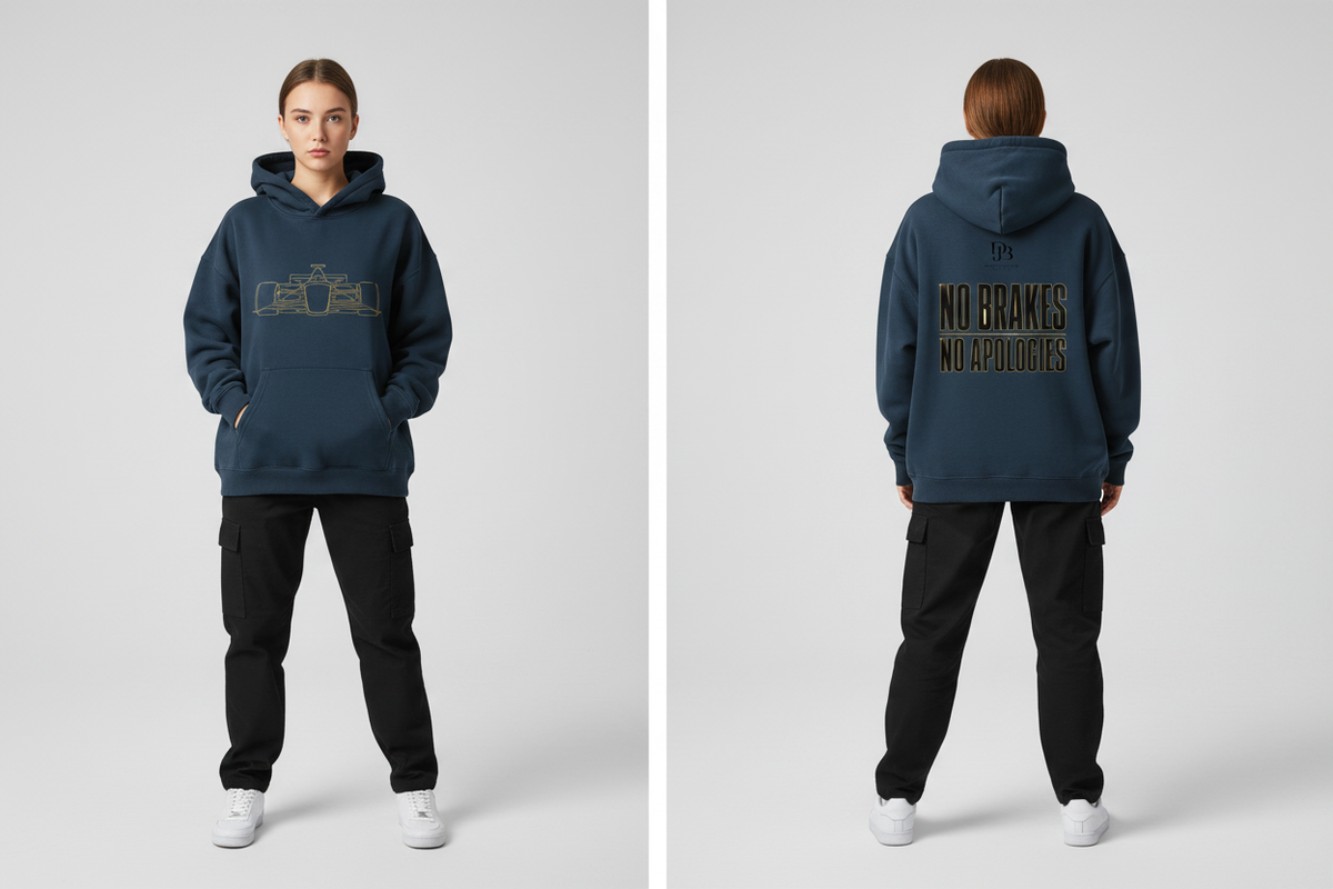Woman wearing the RACECAR Oversize Fleeced Hoodie, showing the front and back artwork.