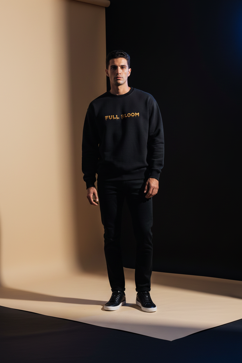 Male model wearing the Bloom fleeced sweatshirt