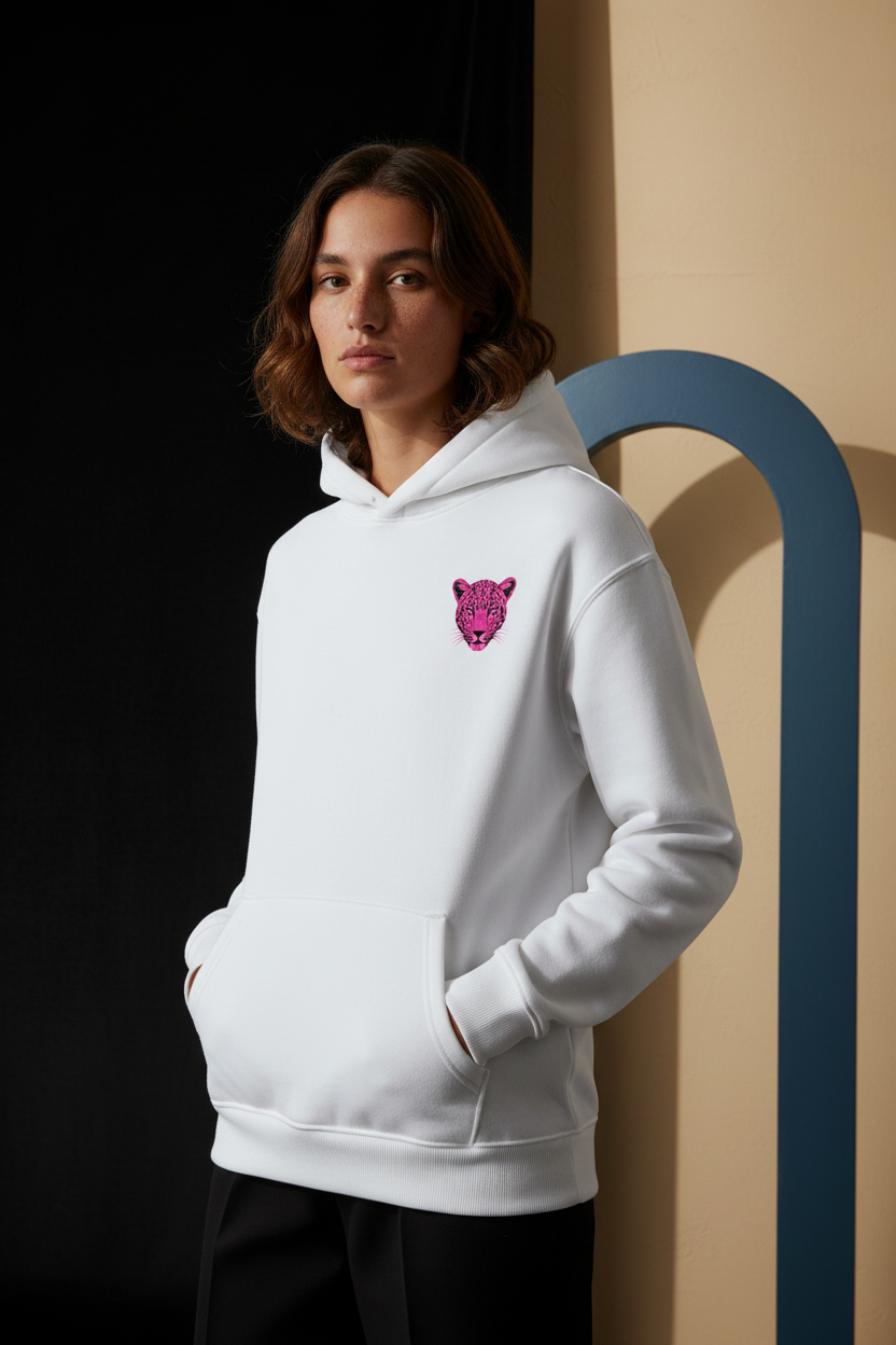 Model wearing the Cheetah Purple DJB oversized fleeced hoodie