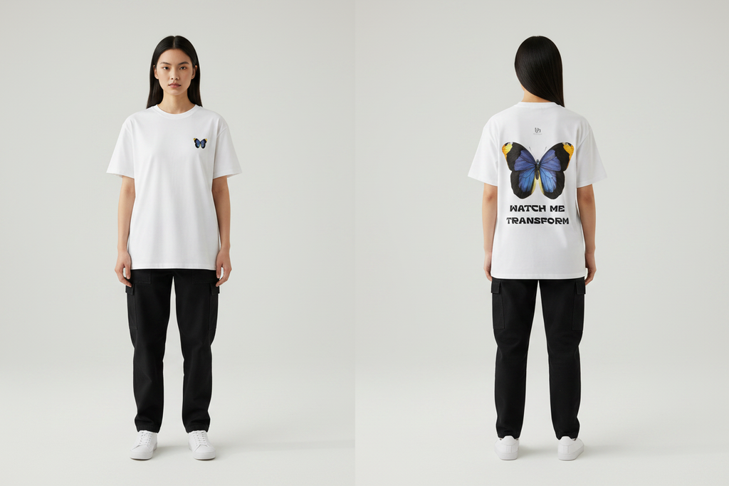 Female model wearing the Watch Me Transform Cotton T-Shirt, showing the front and back print