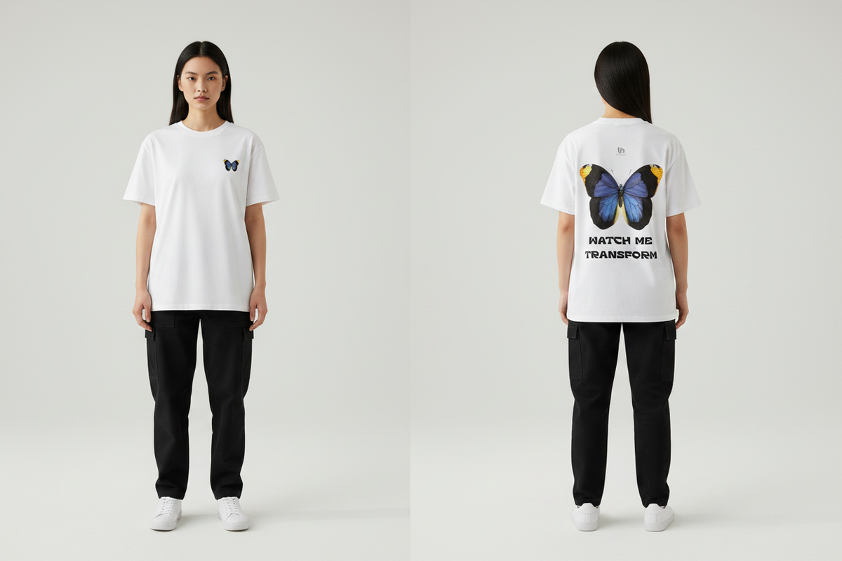 Female model wearing the Watch Me Transform Cotton T-Shirt, showing the front and back print