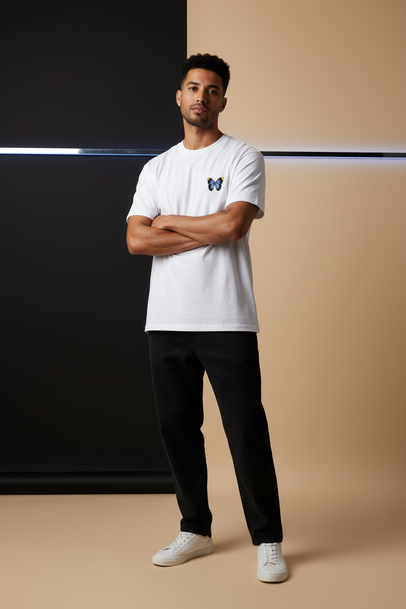 Male model wearing the Watch Me Transform cotton T-shirt