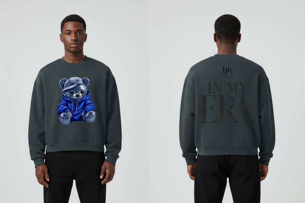 Male model wearing the WIP TEADY Boxy Fleece Crewneck Sweatshirt, showing the front and back print