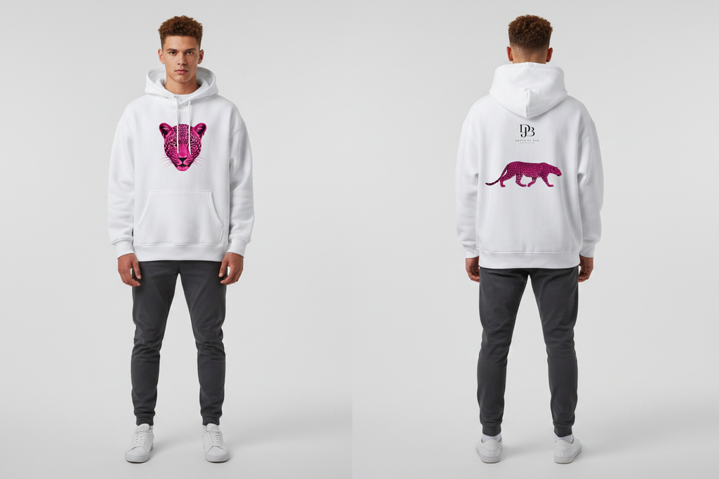 Man wearing the Cheetah Unisex Oversize Fleeced Hoodie, showing the front and back artwork.