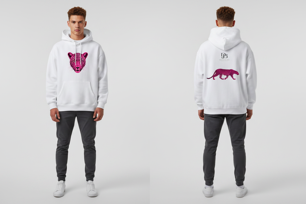 Man wearing the Cheetah Unisex Oversize Fleeced Hoodie, showing the front and back artwork.