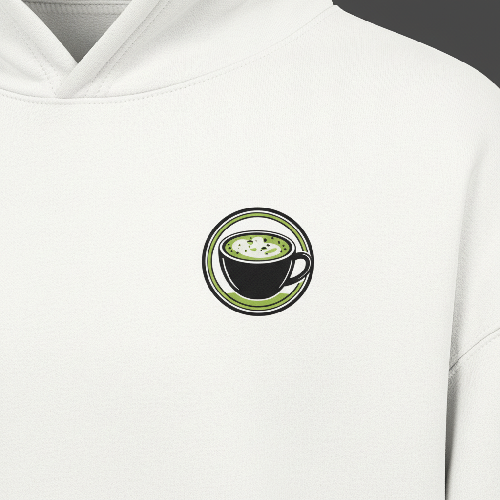Close-up of the Matcha Heavyweight Pullover Hoodie fabric and chest print