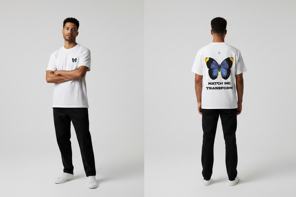 Male model wearing the Watch Me Transform Cotton T-Shirt, showing the front and back print