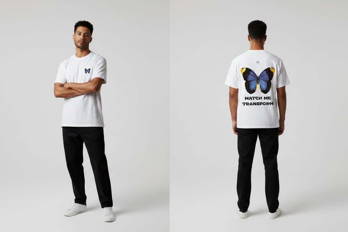 Male model wearing the Watch Me Transform Cotton T-Shirt, showing the front and back print