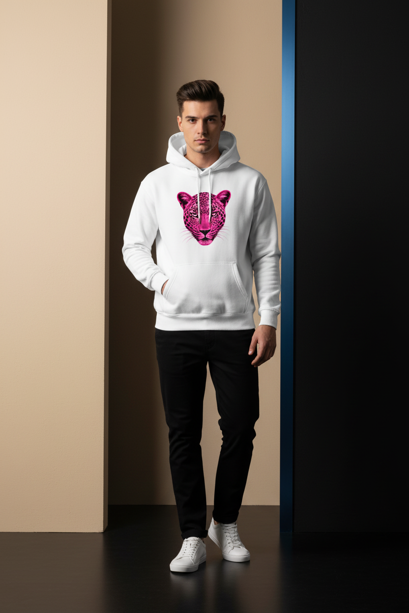 Male model wearing the Cheetah Unisex oversized fleeced hoodie