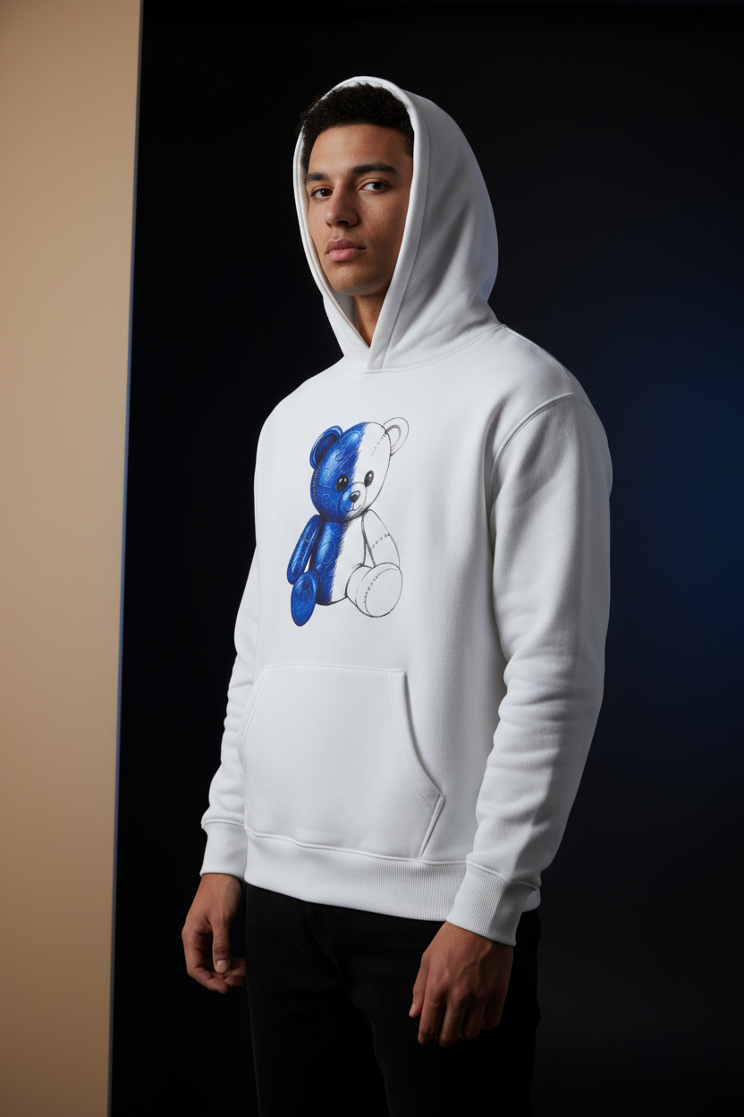 Model wearing the WIP oversized fleeced hoodie