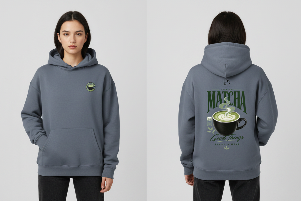 Woman wearing the Gray Blue MATCHA heavyweight pullover hoodie, showing the front and back artwork.