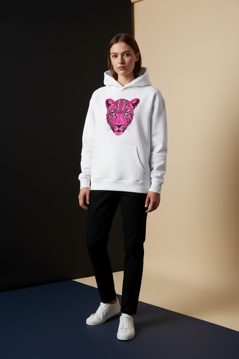 Model wearing the Cheetah Unisex oversized fleeced hoodie