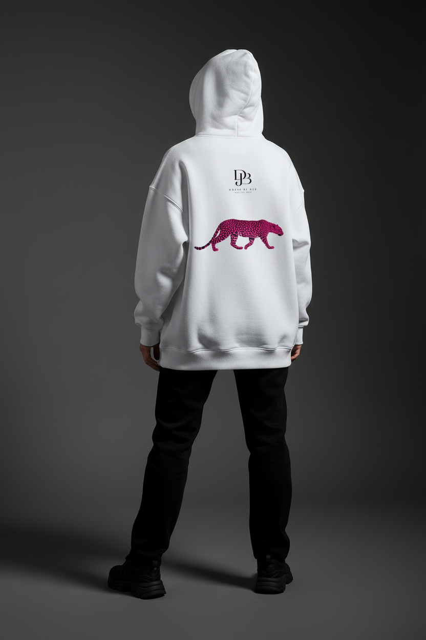 Female human model showing the actual back print of the Cheetah Hoodie