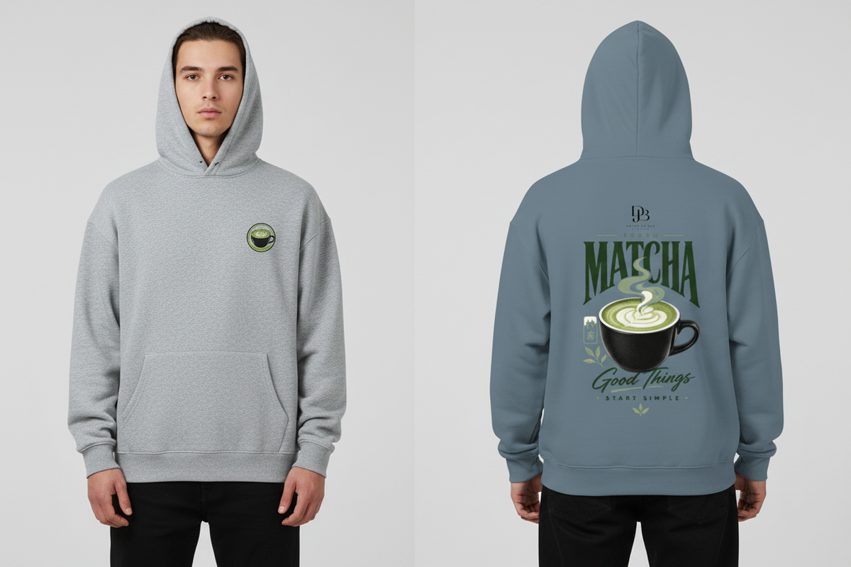 Model wearing the MATCHA heavyweight pullover hoodie, showing the front chest matcha cup graphic and the full MATCHA Good Things Start Simple back print.