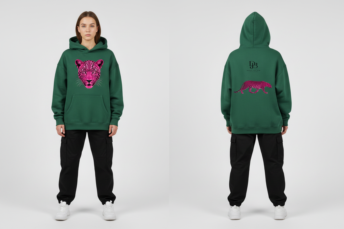 Woman wearing the Cheetah Unisex Oversize Fleeced Hoodie, showing the front and back artwork.