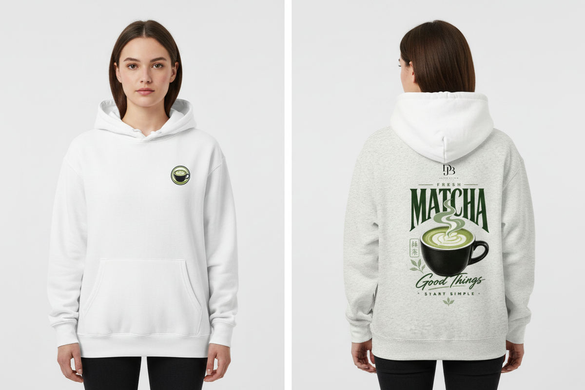 Woman wearing the White MATCHA heavyweight pullover hoodie, showing the front and back artwork.