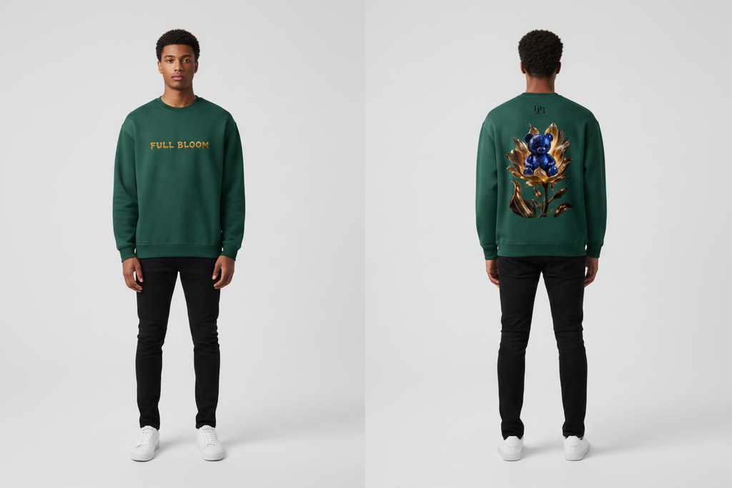 Male model wearing the Bloom Fleeced Sweatshirt, showing the front and back print