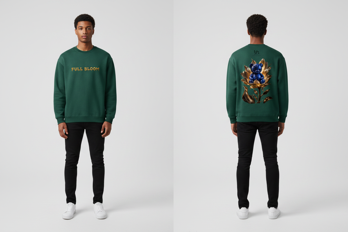 Male model wearing the Bloom Fleeced Sweatshirt, showing the front and back print