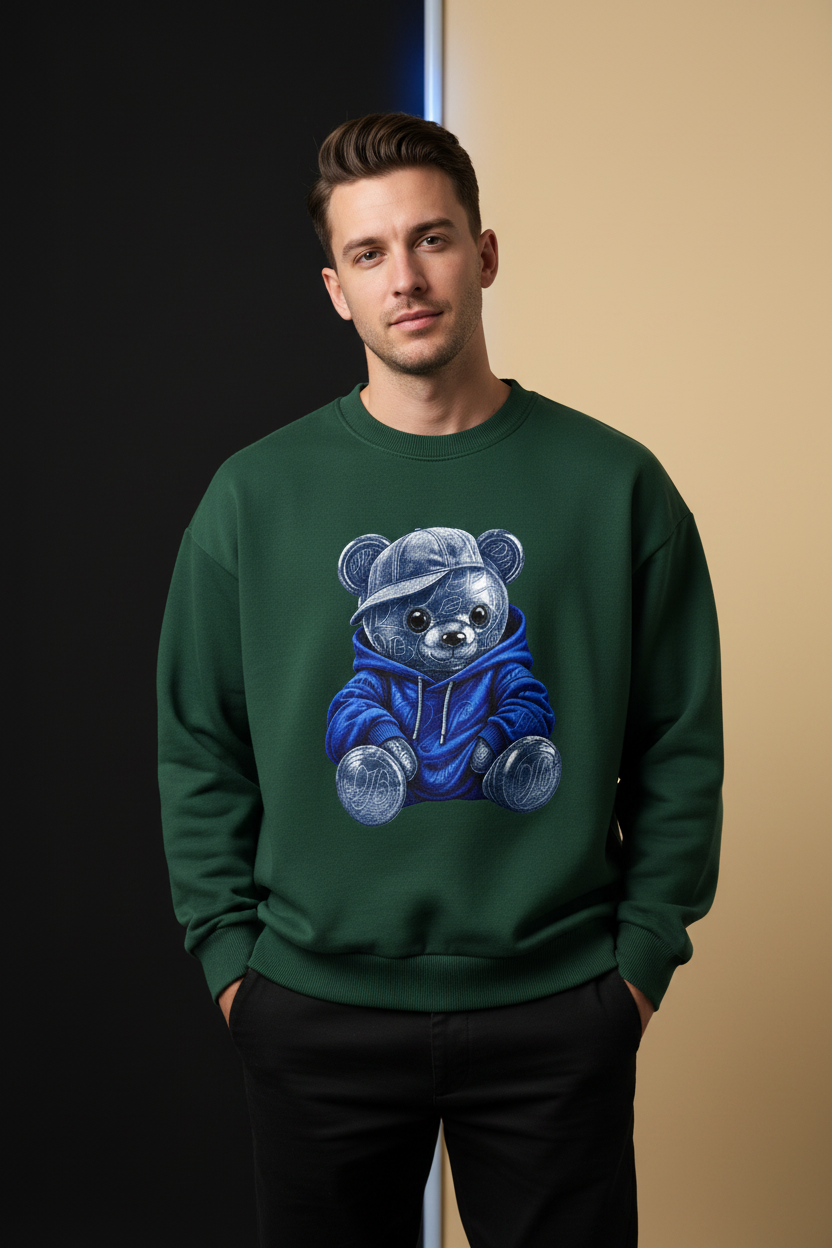 Male model wearing the WIP TEADY boxy fleece crewneck sweatshirt