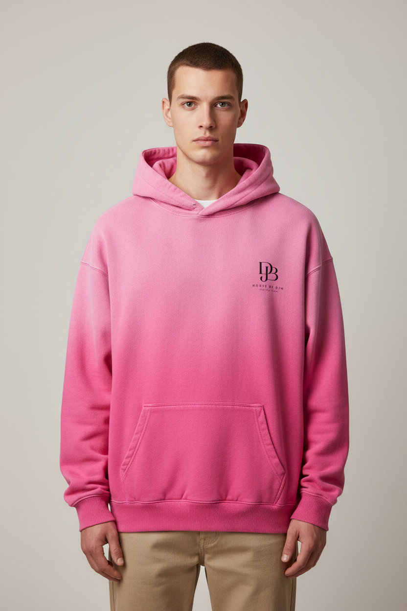Male model wearing the pink No Room Sunfade Oversized Hoodie, front view