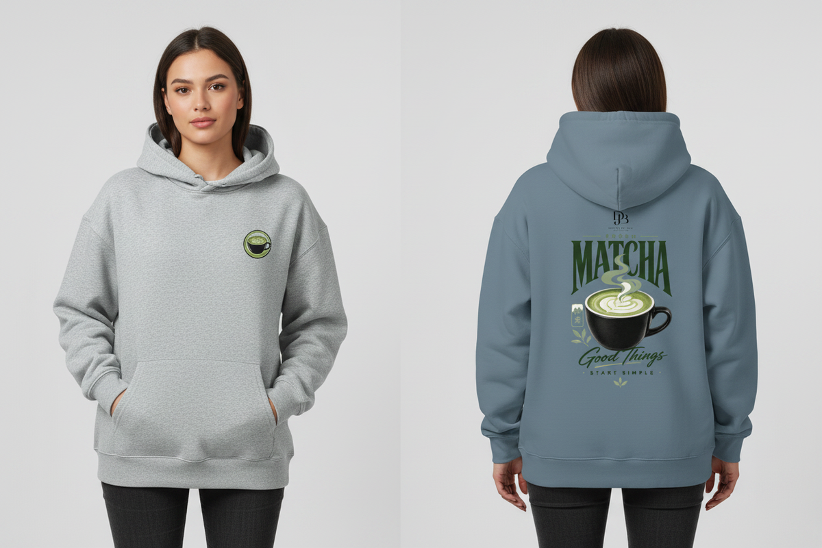 Woman wearing the MATCHA heavyweight pullover hoodie, showing the front matcha cup graphic and the full MATCHA Good Things Start Simple back print.