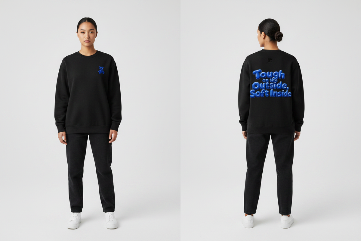 Female model wearing the Teady DJB Heavyweight Crewneck Sweatshirt, showing the front and back print