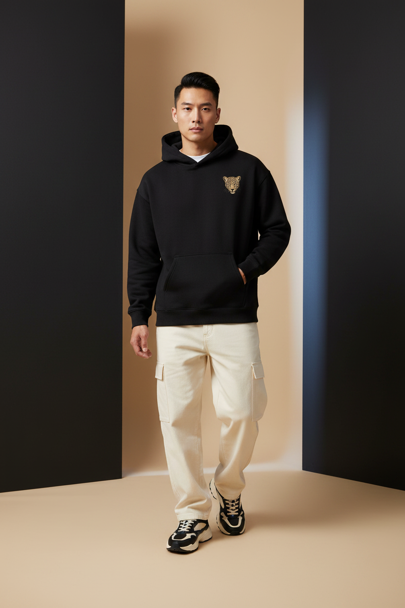 Model wearing the Cheetah DJB oversized fleeced hoodie