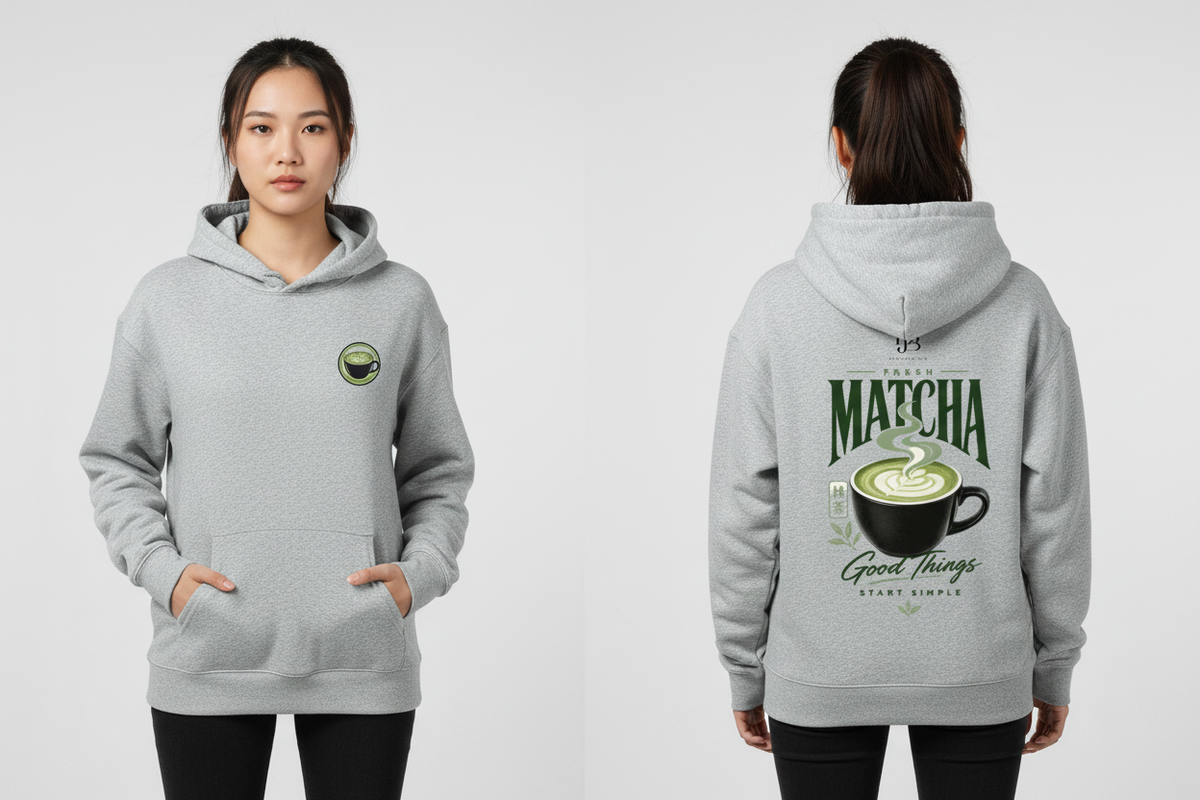 Woman wearing the Flower Gray MATCHA heavyweight pullover hoodie, showing the front and back artwork.