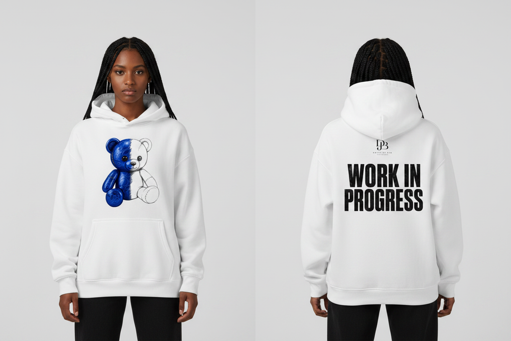 Woman wearing the WIP Oversize Fleeced Hoodie, showing the front and back artwork.