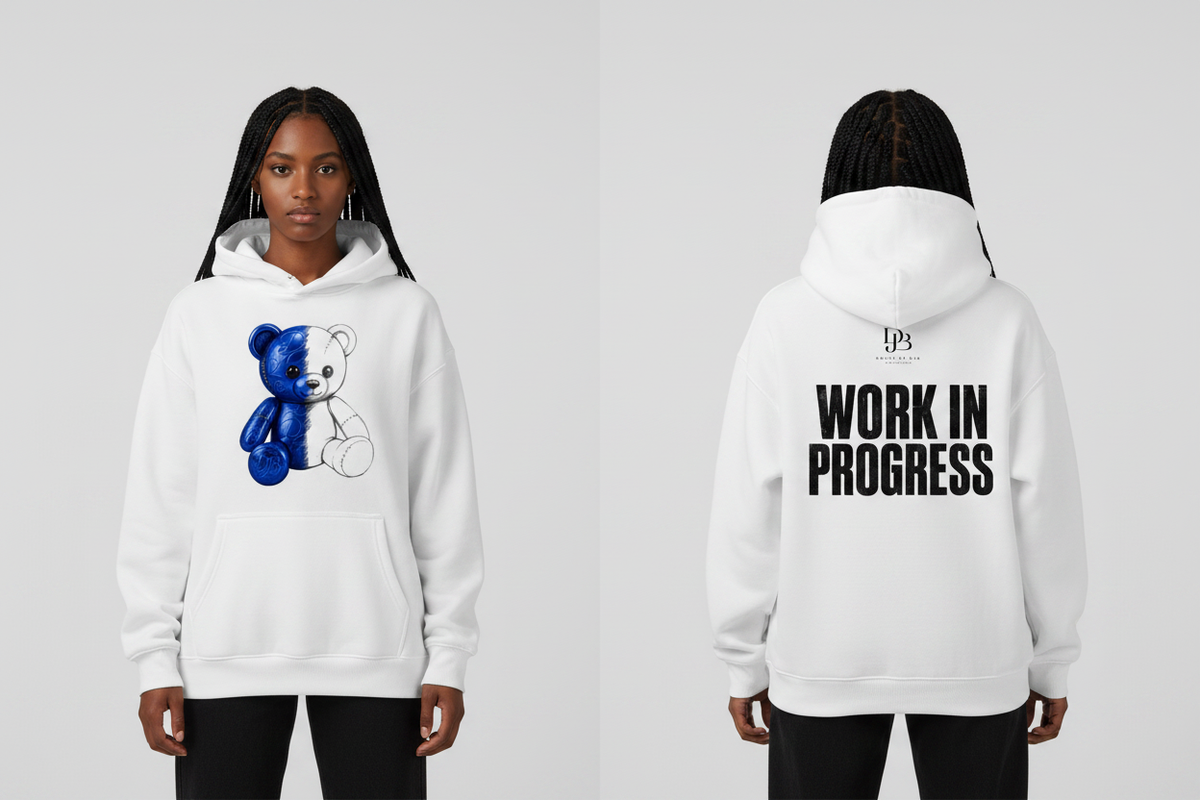 Woman wearing the WIP Oversize Fleeced Hoodie, showing the front and back artwork.