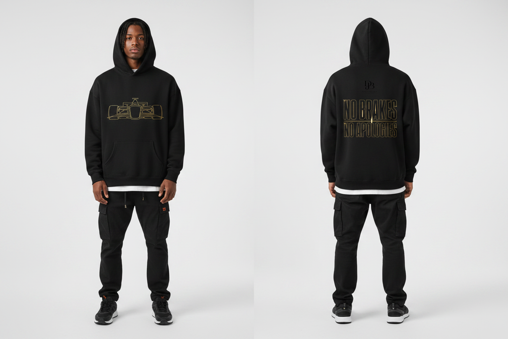 Man wearing the RACECAR Oversize Fleeced Hoodie, showing the front and back artwork.