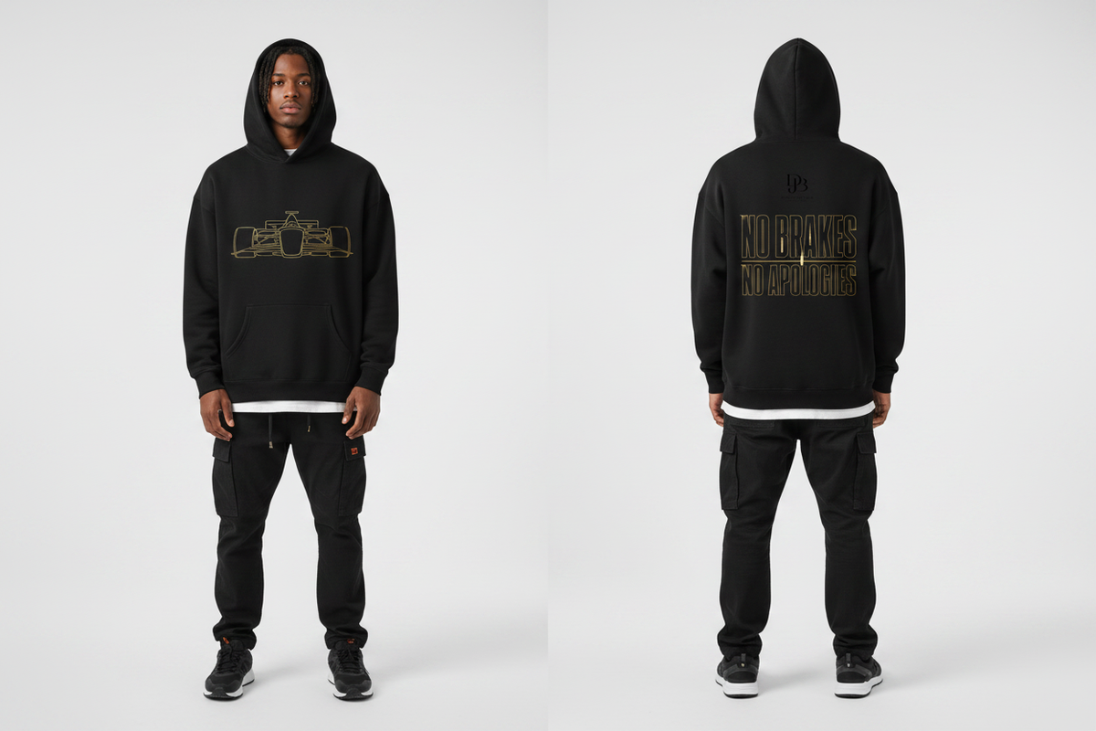 Man wearing the RACECAR Oversize Fleeced Hoodie, showing the front and back artwork.