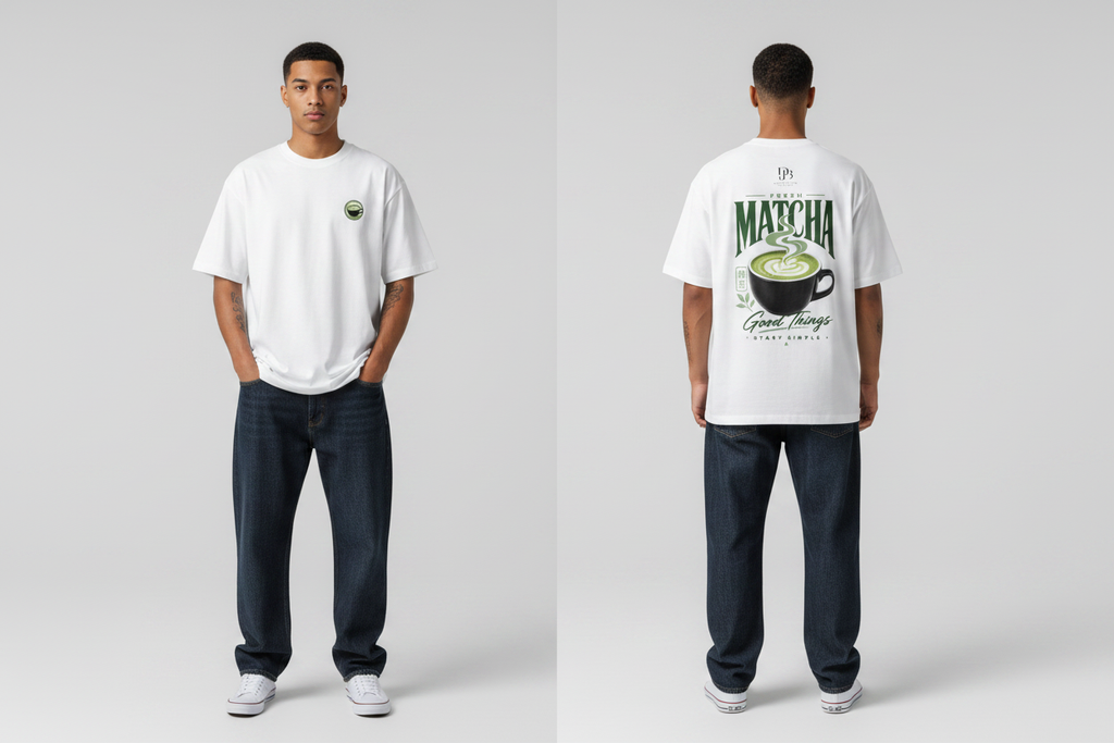 Male model wearing the MATCHA Unisex Oversized T-Shirt, showing the front and back print