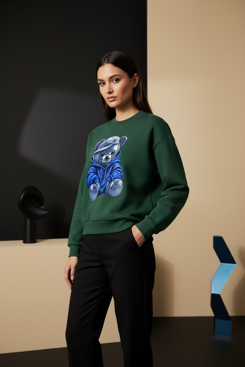 Female model wearing the WIP TEADY boxy fleece crewneck sweatshirt
