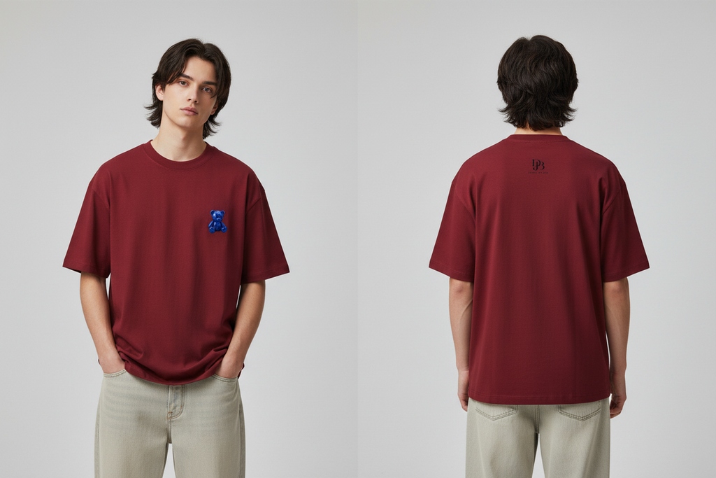 Male model wearing the DJB TEADY Cotton T-Shirt, showing the front and back print
