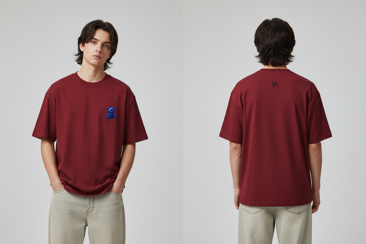 Male model wearing the DJB TEADY Cotton T-Shirt, showing the front and back print