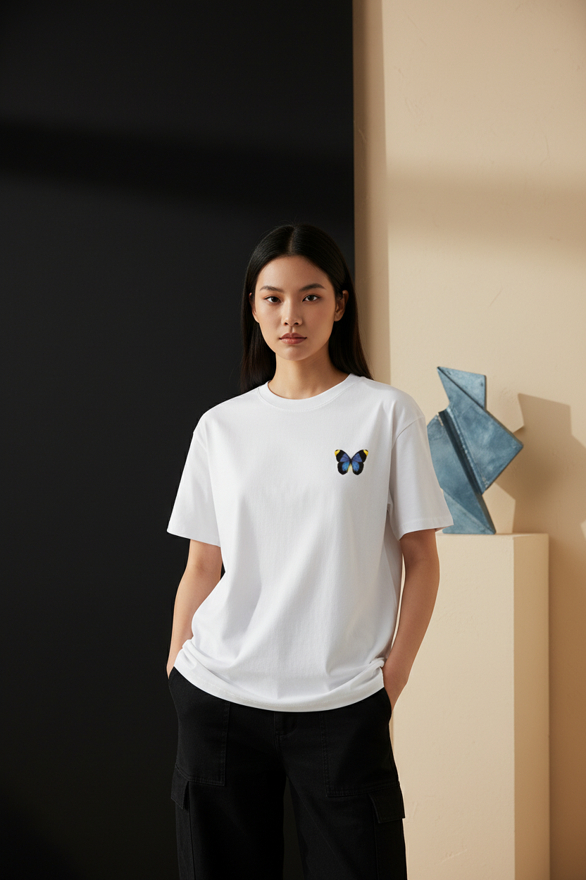 Female model wearing the Watch Me Transform cotton T-shirt
