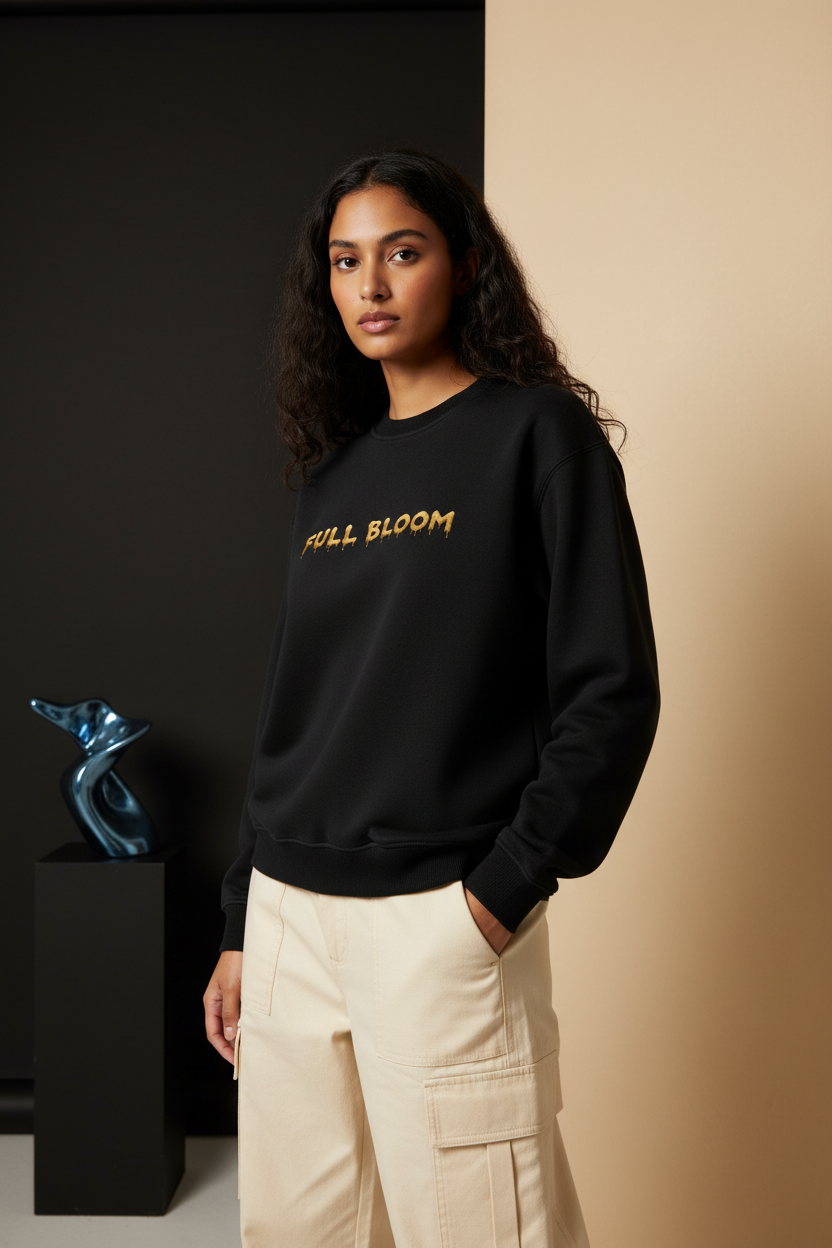 Female model wearing the Bloom fleeced sweatshirt