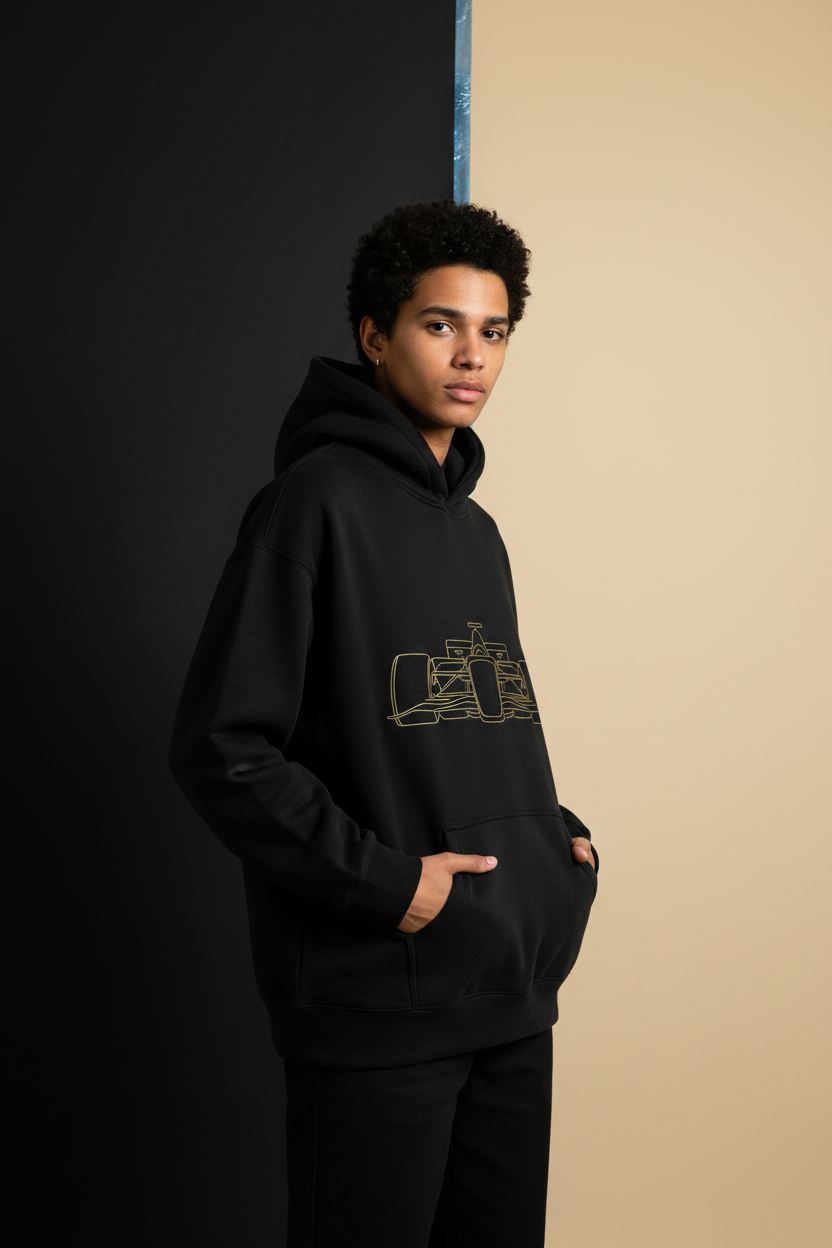 Model wearing the RACECAR oversized fleeced hoodie
