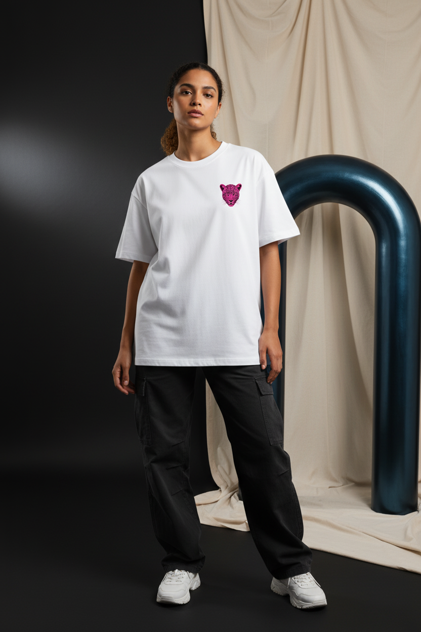 Female model wearing the DJB Cheetah oversized drop shoulder T-shirt