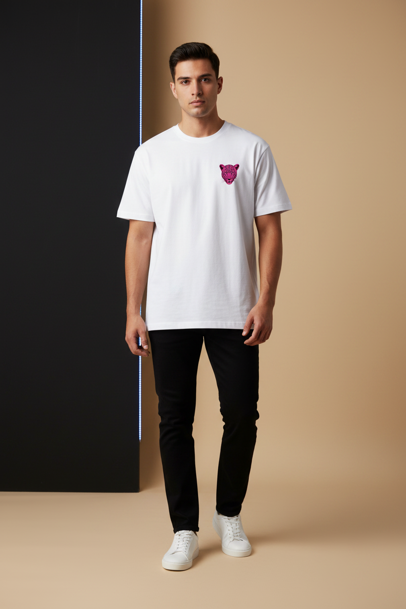 Male model wearing the DJB Cheetah oversized drop shoulder T-shirt