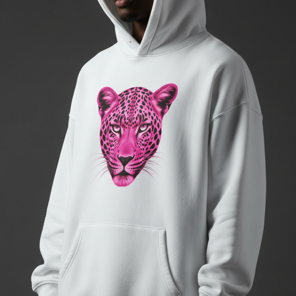 Close-up of the Cheetah Hoodie pink leopard chest print and fleece fabric on a human model