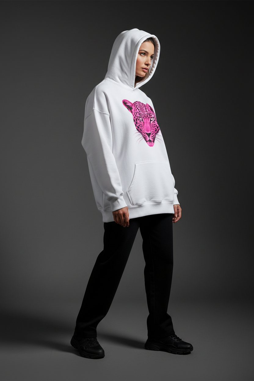 Female human model wearing the Cheetah Hoodie at a slight angle